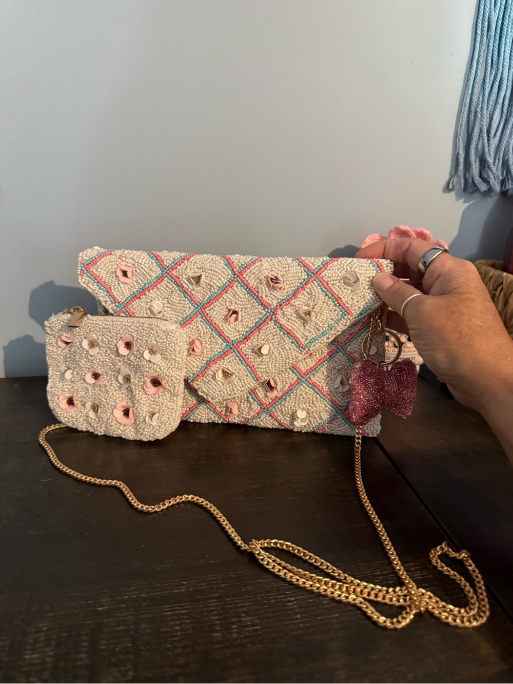 Beaded Cream Crossbody Clutch with Pink Accents